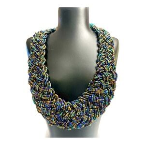 Vintage Multi Strand Braided Seed Bead Collar Necklace Multi Color Adjustable